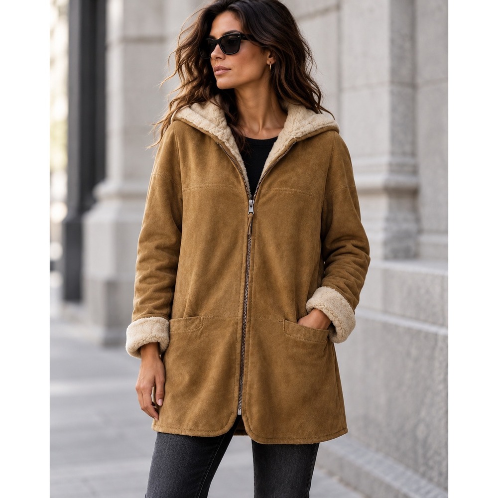 Winlit New York Reversible Genuine Leather Suede Faux Fur Hooded Coat Tan Medium